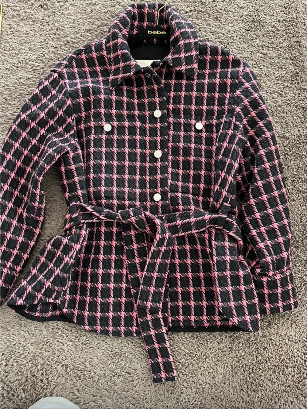 Maje Pink and Black Houndstooth Belted Jacket